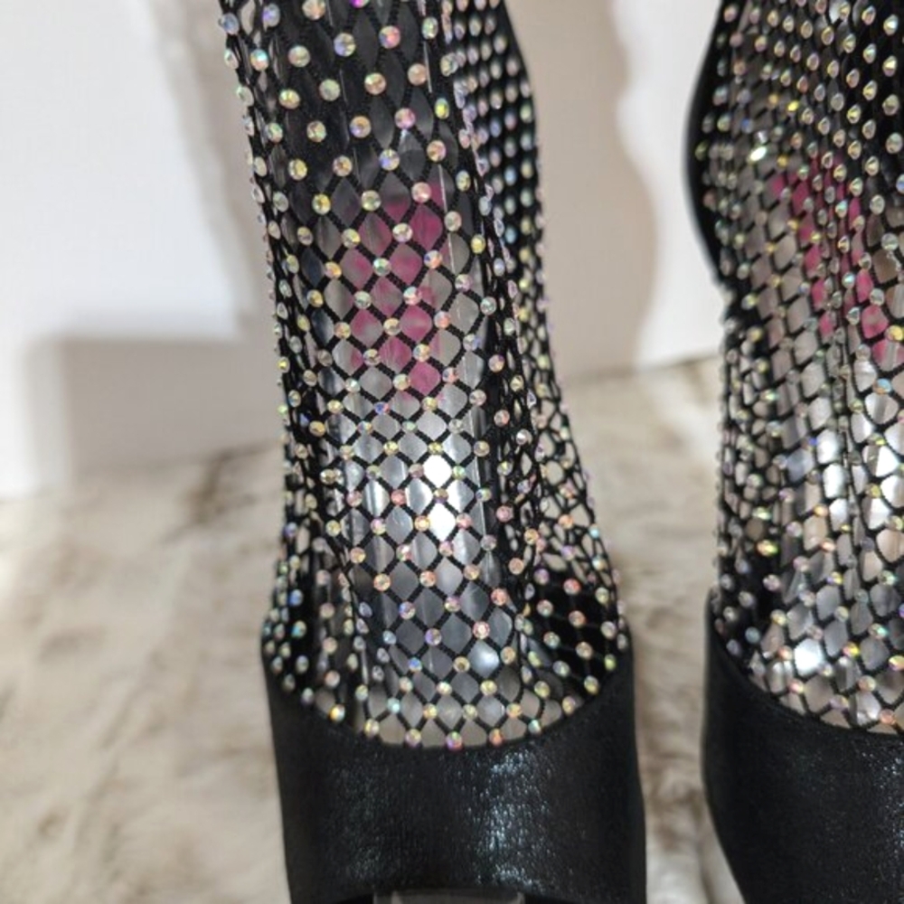 Golden Bulls Black Mesh Rhinestone Clear 6" Platform High Heels - Picture 2 of 10